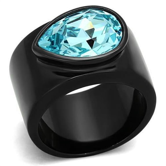 IP Black(Ion Plating) Stainless Steel Ring with Top Grade Crystal in Light Sapphire for Women Light Sapphire Stone Color Style TK1363 Size 5
