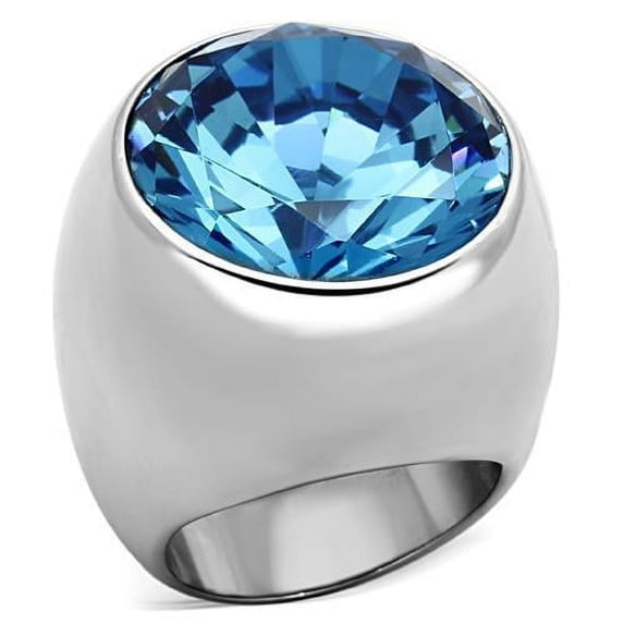 High polished (no plating) Stainless Steel Ring with Synthetic Synthetic Glass in Sea Blue for Women Sea Blue Stone Color Style TK1367 Size 6