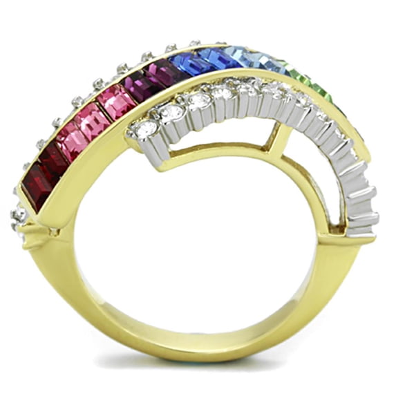 TK1575 - Two-Tone IP Gold (Ion Plating) Stainless Steel Ring with Top Grade Crystal in Multi Color