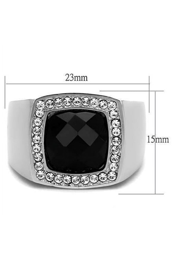 High polished (no plating) Stainless Steel Ring with Semi-Precious Onyx in Jet for Women Jet Stone Color Style TK1616 Size 10