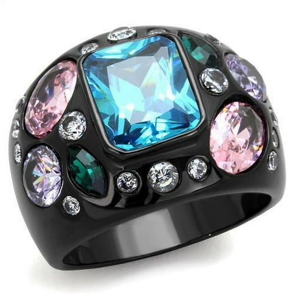 IP Black(Ion Plating) Stainless Steel Ring with AAA Grade CZ in Sea Blue for Women Sea Blue Stone Color Style TK1790 Size 5