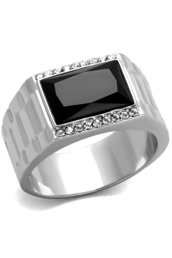 High polished (no plating) Stainless Steel Ring with Synthetic Onyx in Jet for Women Jet Stone Color Style TK1811 Size 11