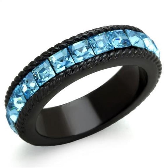 IP Black(Ion Plating) Stainless Steel Ring with Top Grade Crystal in Sea Blue for Women Sea Blue Stone Color Style TK1867 Size 6