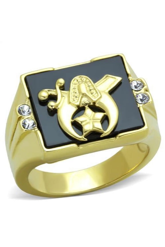 IP Gold(Ion Plating) Stainless Steel Ring with Synthetic Onyx in Jet for Women Masonic Theme Jet Stone Color Style TK1890 Size 11