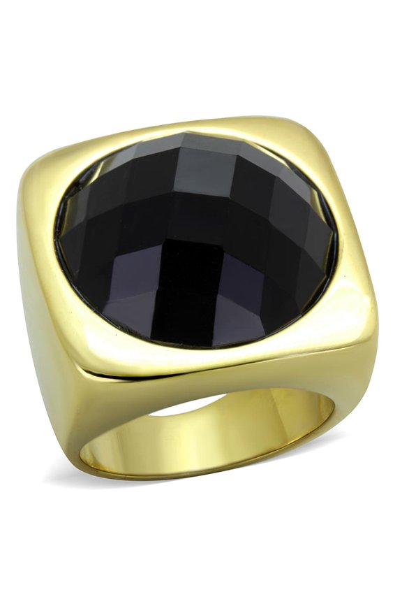 IP Gold(Ion Plating) Stainless Steel Ring with Synthetic Synthetic Stone in Jet for Women Jet Stone Color Style TK1925 Size 5