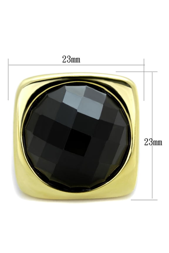 IP Gold(Ion Plating) Stainless Steel Ring with Synthetic Synthetic Stone in Jet for Women Jet Stone Color Style TK1925 Size 9