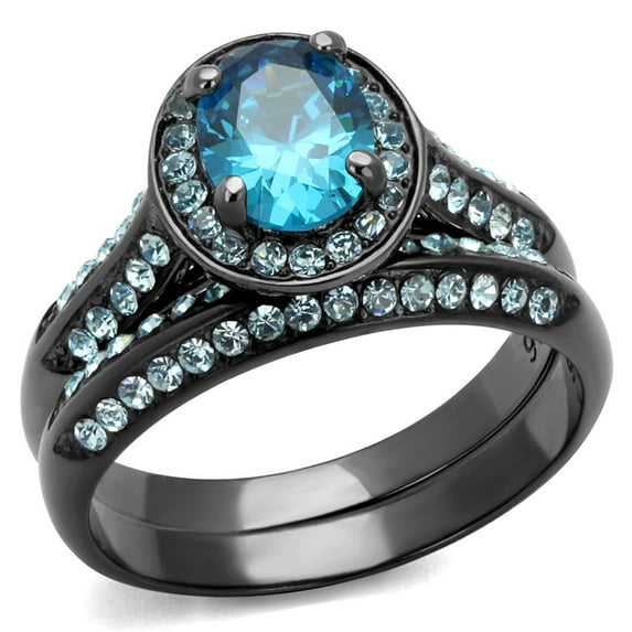 IP Light Black (IP Gun) Stainless Steel Ring with AAA Grade CZ in Sea Blue for Women Sea Blue Stone Color Style TK1W163LJ Size 10