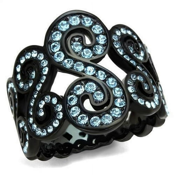 IP Black(Ion Plating) Stainless Steel Ring with Top Grade Crystal in Sea Blue for Women Sea Blue Stone Color Style TK2018 Size 9