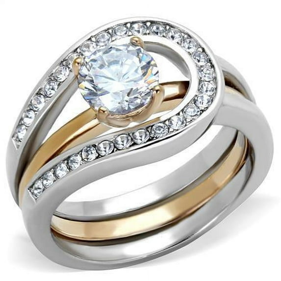 Two-Tone IP Rose Gold Stainless Steel Ring with AAA Grade CZ in Clear for Women Clear Stone Color Style TK2032 Size 10