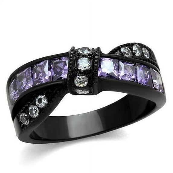 IP Black(Ion Plating) Stainless Steel Ring with AAA Grade CZ in Amethyst for Women Amethyst Stone Color Style TK2140 Size 6