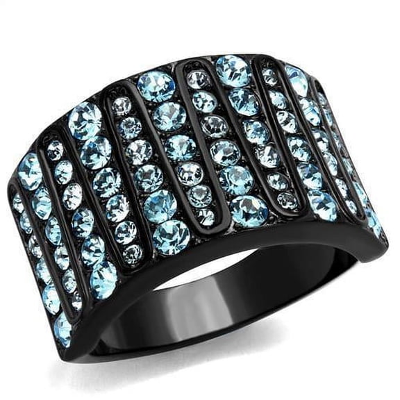 IP Black(Ion Plating) Stainless Steel Ring with Top Grade Crystal in Sea Blue for Women Sea Blue Stone Color Style TK2198 Size 5