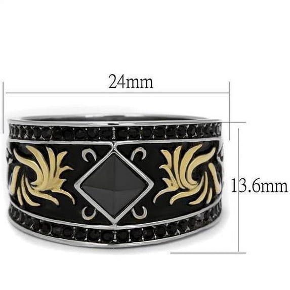 Two-Tone IP Gold (Ion Plating) Stainless Steel Ring with Synthetic Synthetic Glass in Jet for Women Celtic Theme Jet Stone Color Style TK2232 Size 8