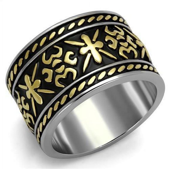Two-Tone IP Gold (Ion Plating) Stainless Steel Ring with Epoxy in Jet for Women Celtic Theme Jet Stone Color Style TK2236 Size 10