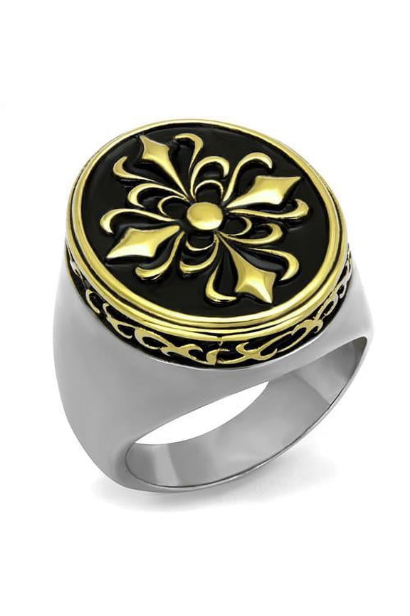 Two-Tone IP Gold (Ion Plating) Stainless Steel Ring with Epoxy in Jet for Men Celtic Theme Jet Stone Color Style TK2241 Size 8