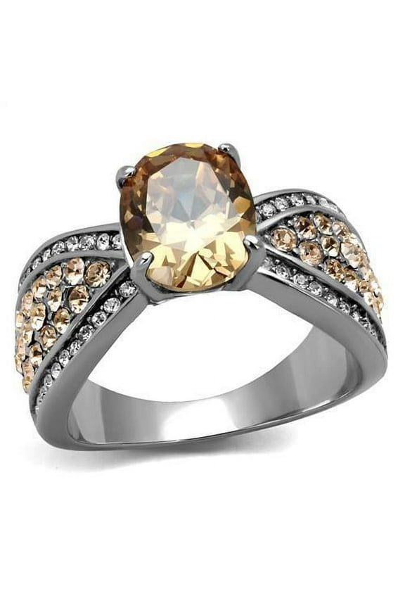 High polished (no plating) Stainless Steel Ring with AAA Grade CZ in Champagne for Women Champagne Stone Color Style TK2249 Size 7