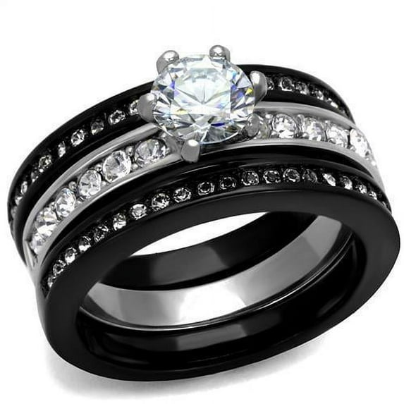 Two-Tone IP Black (Ion Plating) Stainless Steel Ring with AAA Grade CZ in Clear for Women Clear Stone Color Style TK2304 Size 7