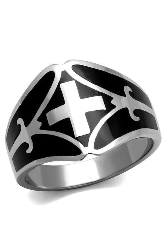 High polished (no plating) Stainless Steel Ring with Epoxy in Jet for Men Biker Theme Jet Stone Color Style TK2314 Size 9