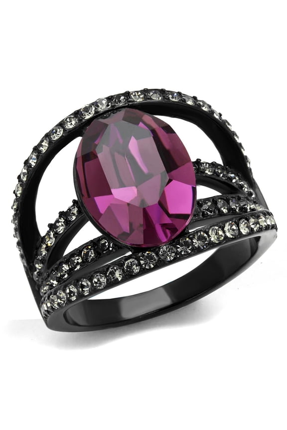 IP Black(Ion Plating) Stainless Steel Ring with Top Grade Crystal in Amethyst for Women Amethyst Stone Color Style TK2348 Size 7
