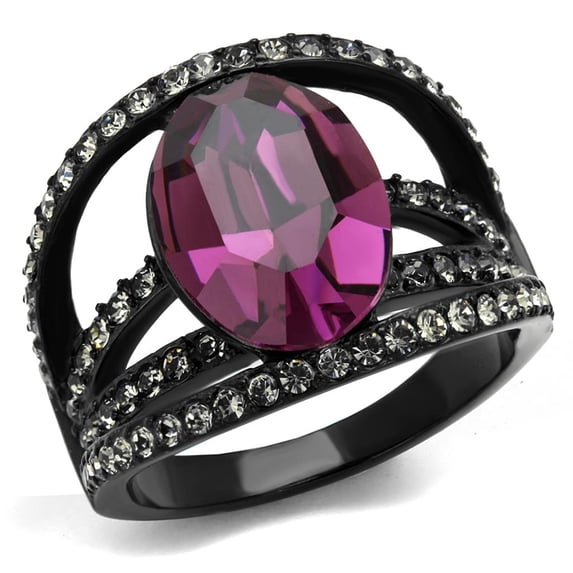 IP Black(Ion Plating) Stainless Steel Ring with Top Grade Crystal in Amethyst for Women Amethyst Stone Color Style TK2348 Size 9