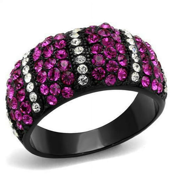 IP Black(Ion Plating) Stainless Steel Ring with Top Grade Crystal in Fuchsia for Women Fuchsia Stone Color Style TK2356 Size 5