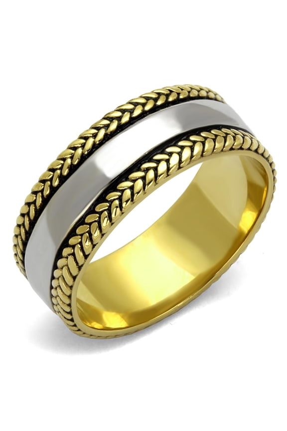 Two-Tone IP Gold (Ion Plating) Stainless Steel Ring with Epoxy in Jet for Women Celtic Theme Jet Stone Color Style TK2375 Size 12