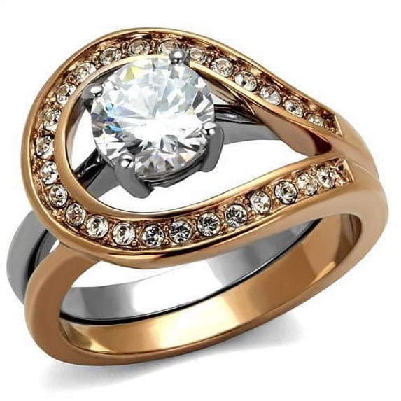 Two-Tone IP Rose Gold Stainless Steel Ring with AAA Grade CZ in Clear for Women Clear Stone Color Style TK2479 Size 5