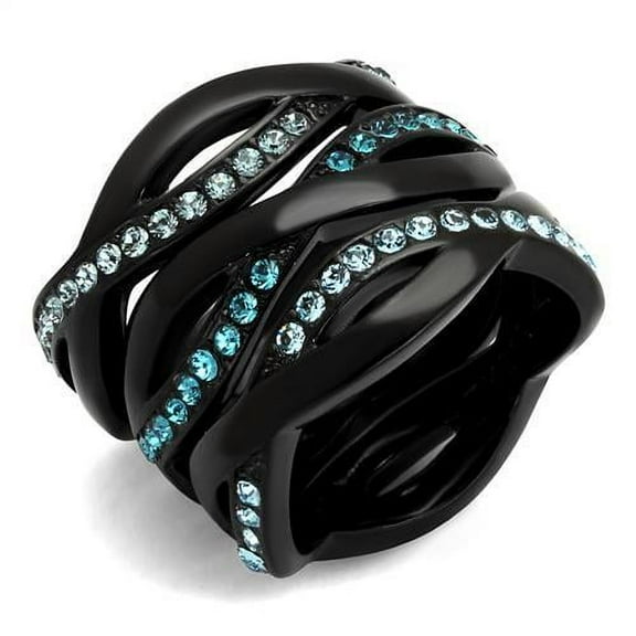 IP Black(Ion Plating) Stainless Steel Ring with Top Grade Crystal in Sea Blue for Women Sea Blue Stone Color Style TK2492 Size 7