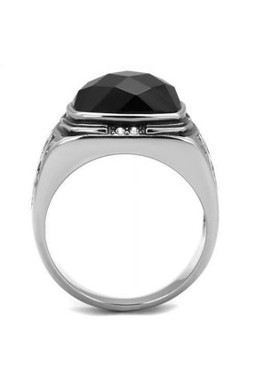 TK2514 - High polished (no plating) Stainless Steel Ring with Synthetic Onyx in Jet