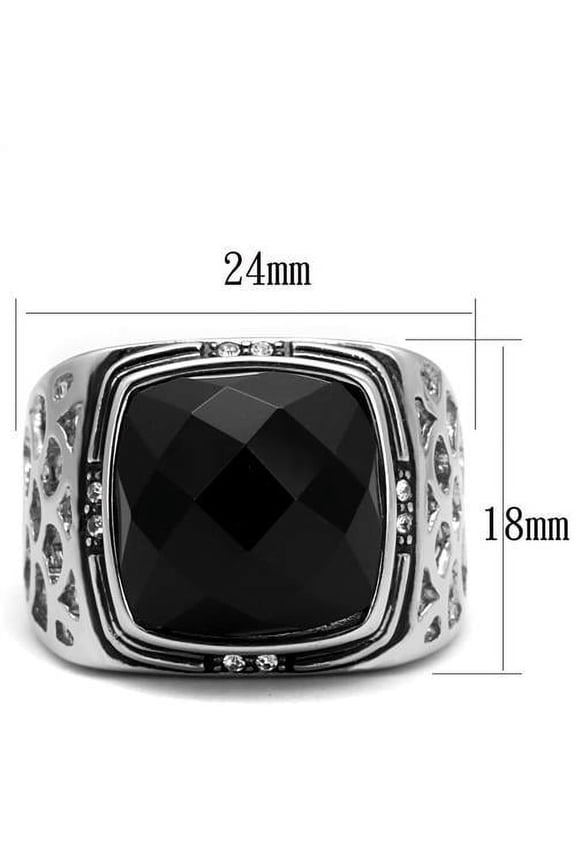 TK2514 - High polished (no plating) Stainless Steel Ring with Synthetic Onyx in Jet