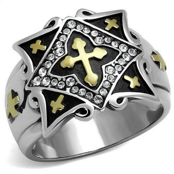Two-Tone IP Gold (Ion Plating) Stainless Steel Ring with Top Grade Crystal in Clear for Women Biker Theme Clear Stone Color Style TK2517 Size 12