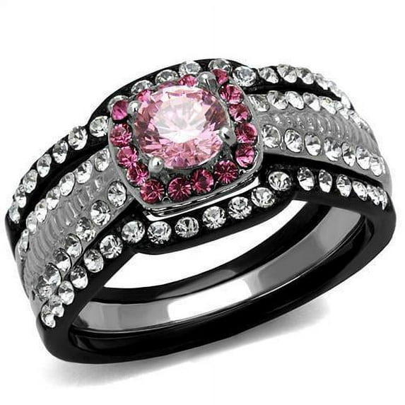 Two-Tone IP Black (Ion Plating) Stainless Steel Ring with AAA Grade CZ in Light Rose for Women Light Rose Stone Color Style TK2651 Size 7