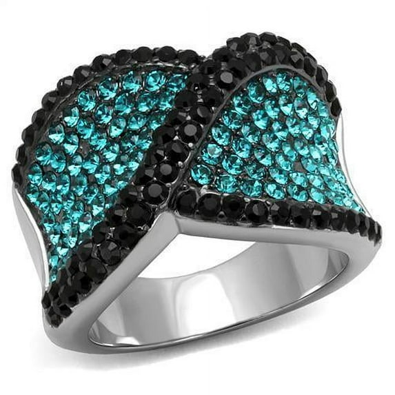Two-Tone IP Black Stainless Steel Ring with Top Grade Crystal in Blue Zircon for Women Blue Zircon Stone Color Style TK2764 Size 9