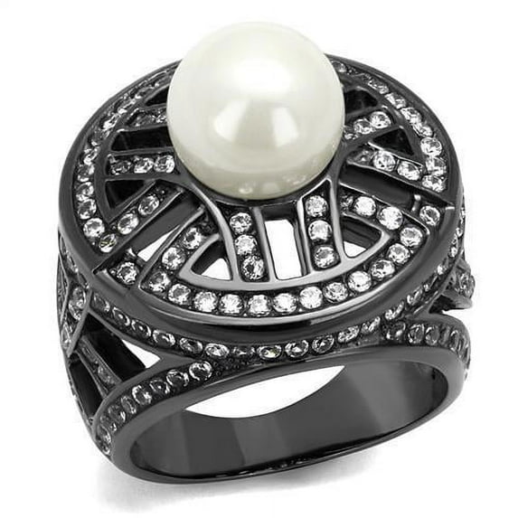 IP Light Black (IP Gun) Stainless Steel Ring with Synthetic Pearl in White for Women White Stone Color Style TK2771 Size 7