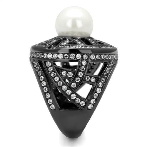 TK2771 - IP Light Black (IP Gun) Stainless Steel Ring with Synthetic Pearl in White