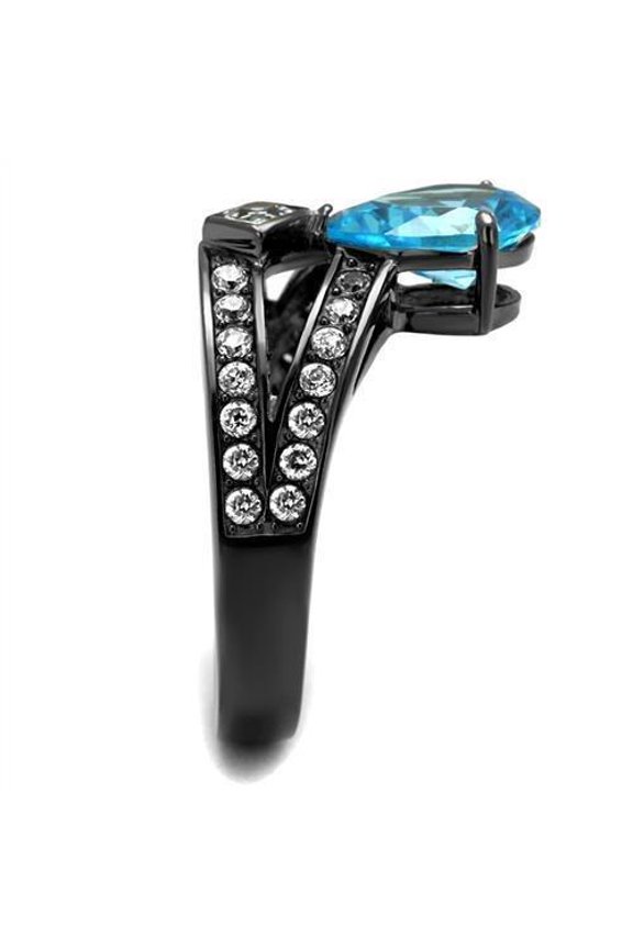TK2775 - IP Light Black (IP Gun) Stainless Steel Ring with AAA Grade CZ in Sea Blue