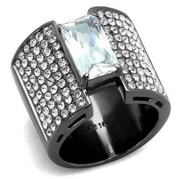 IP Light Black (IP Gun) Stainless Steel Ring with AAA Grade CZ in Clear for Women Clear Stone Color Style TK2798 Size 5