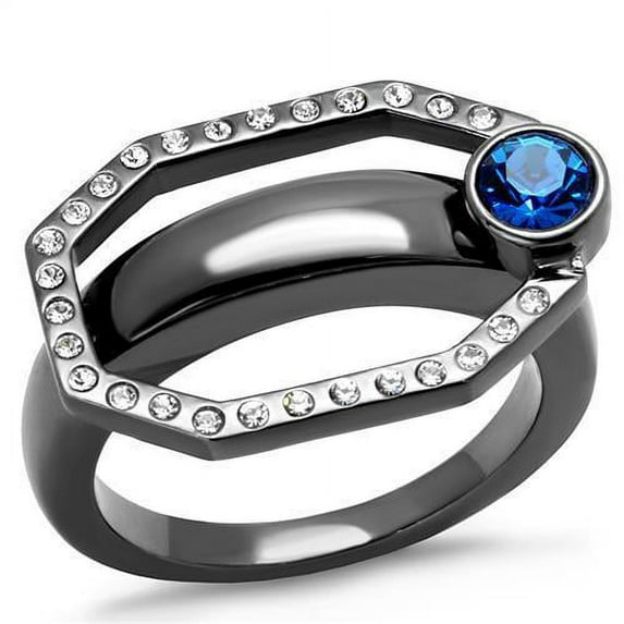 TK2809 - IP Light Black (IP Gun) Stainless Steel Ring with Top Grade Crystal in Capri Blue Size 8