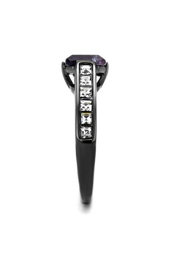 TK2832 - IP Light Black (IP Gun) Stainless Steel Ring with Precious Stone Amethyst Crystal in Amethyst