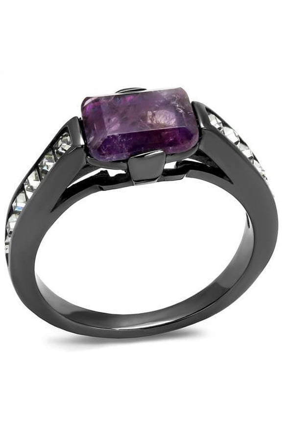 TK2832 - IP Light Black (IP Gun) Stainless Steel Ring with Precious Stone Amethyst Crystal in Amethyst