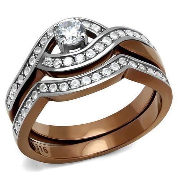 Two Tone IP Light Brown (IP Light coffee) Stainless Steel Ring with AAA Grade CZ in Clear for Women Clear Stone Color Style TK2953 Size 7