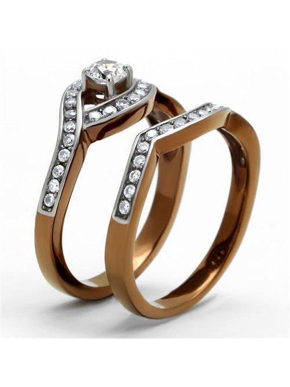 TK2953 - Two Tone IP Light Brown (IP Light coffee) Stainless Steel Ring with AAA Grade CZ in Clear