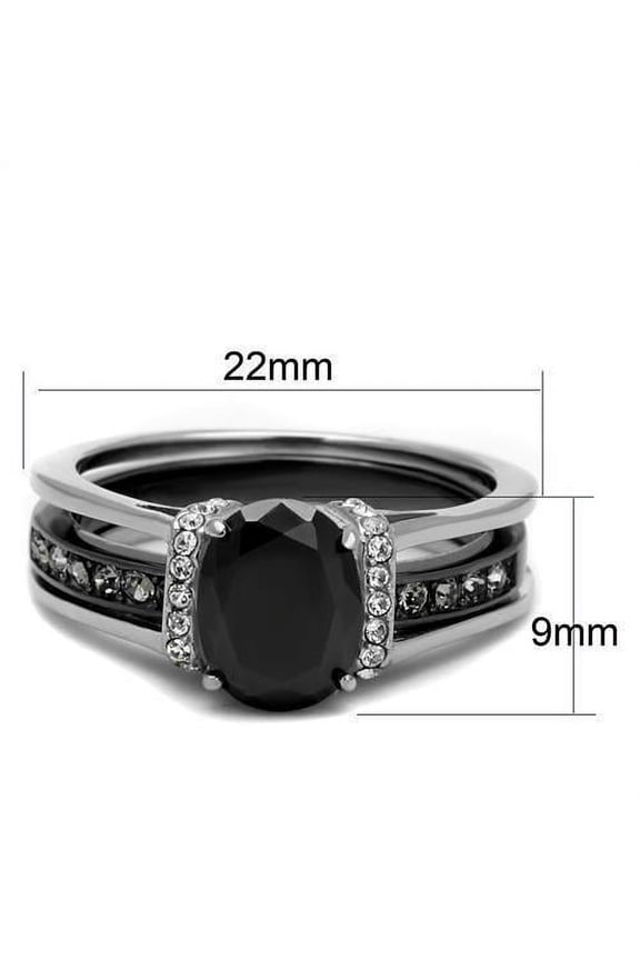 Two-Tone IP Black Stainless Steel Ring with Synthetic Synthetic Glass in Jet for Women Jet Stone Color Style TK2971 Size 9