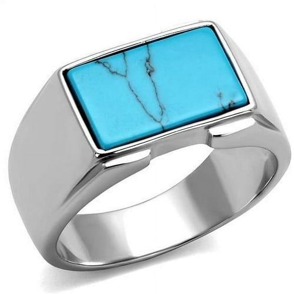 High polished (no plating) Stainless Steel Ring with Synthetic Imitation Amber in Sea Blue for Women Sea Blue Stone Color Style TK3000 Size 11