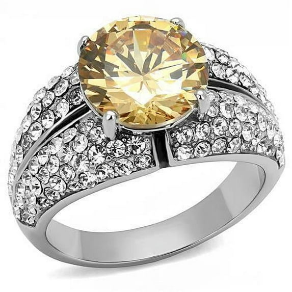 High polished (no plating) Stainless Steel Ring with AAA Grade CZ in Champagne for Women Champagne Stone Color Style TK3031 Size 5