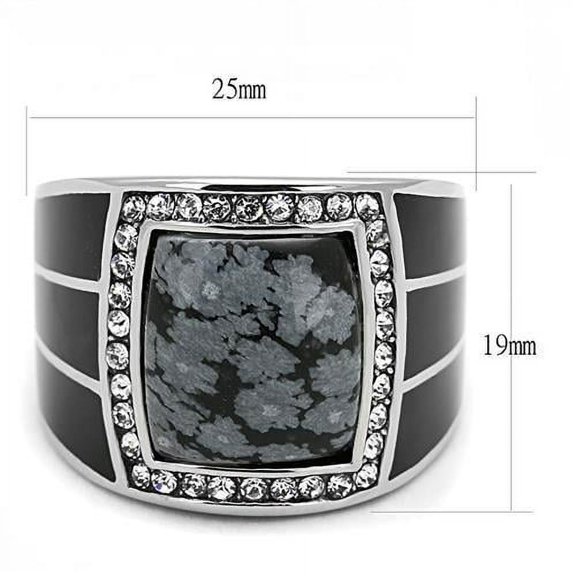 High polished (no plating) Stainless Steel Ring with Semi-Precious Snowflake Obsidian in Jet for Women Jet Stone Color Style TK3042 Size 11