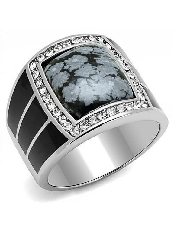 TK3042 - High polished (no plating) Stainless Steel Ring with Semi-Precious Snowflake Obsidian in Jet