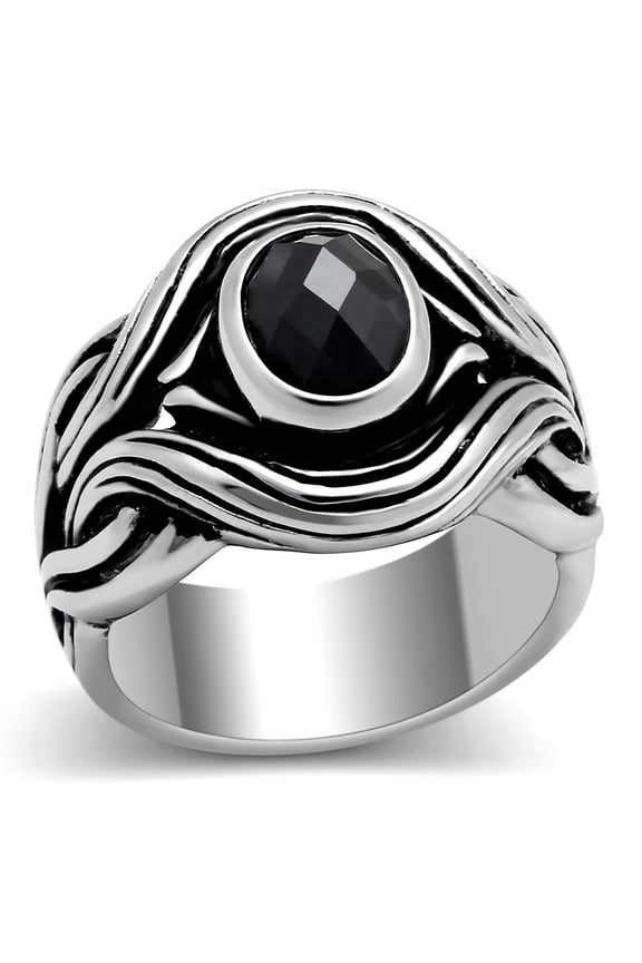 High polished (no plating) Stainless Steel Ring with AAA Grade CZ in Jet for Women Biker Theme Jet Stone Color Style TK307 Size 13