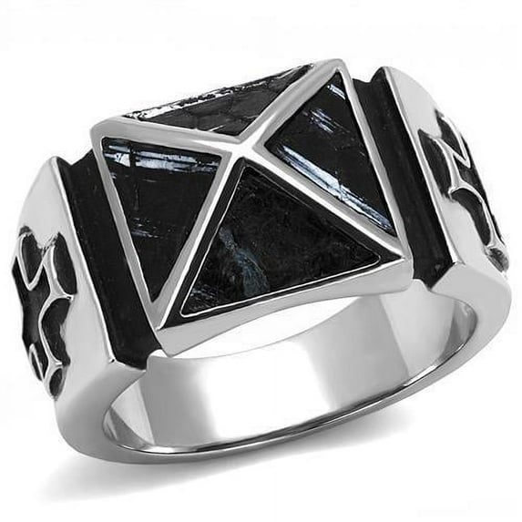 High polished (no plating) Stainless Steel Ring with Leather in Jet for Men Jet Stone Color Style TK3075 Size 13