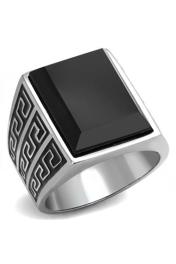 High polished (no plating) Stainless Steel Ring with Synthetic Onyx in Jet for Women Jet Stone Color Style TK3076 Size 9