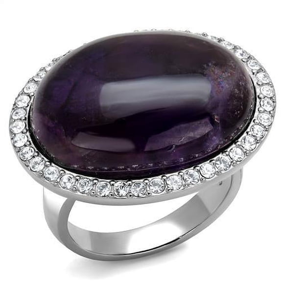 High polished (no plating) Stainless Steel Ring with Semi-Precious Amethyst Crystal in Amethyst for Women Amethyst Stone Color Style TK3083 Size 5